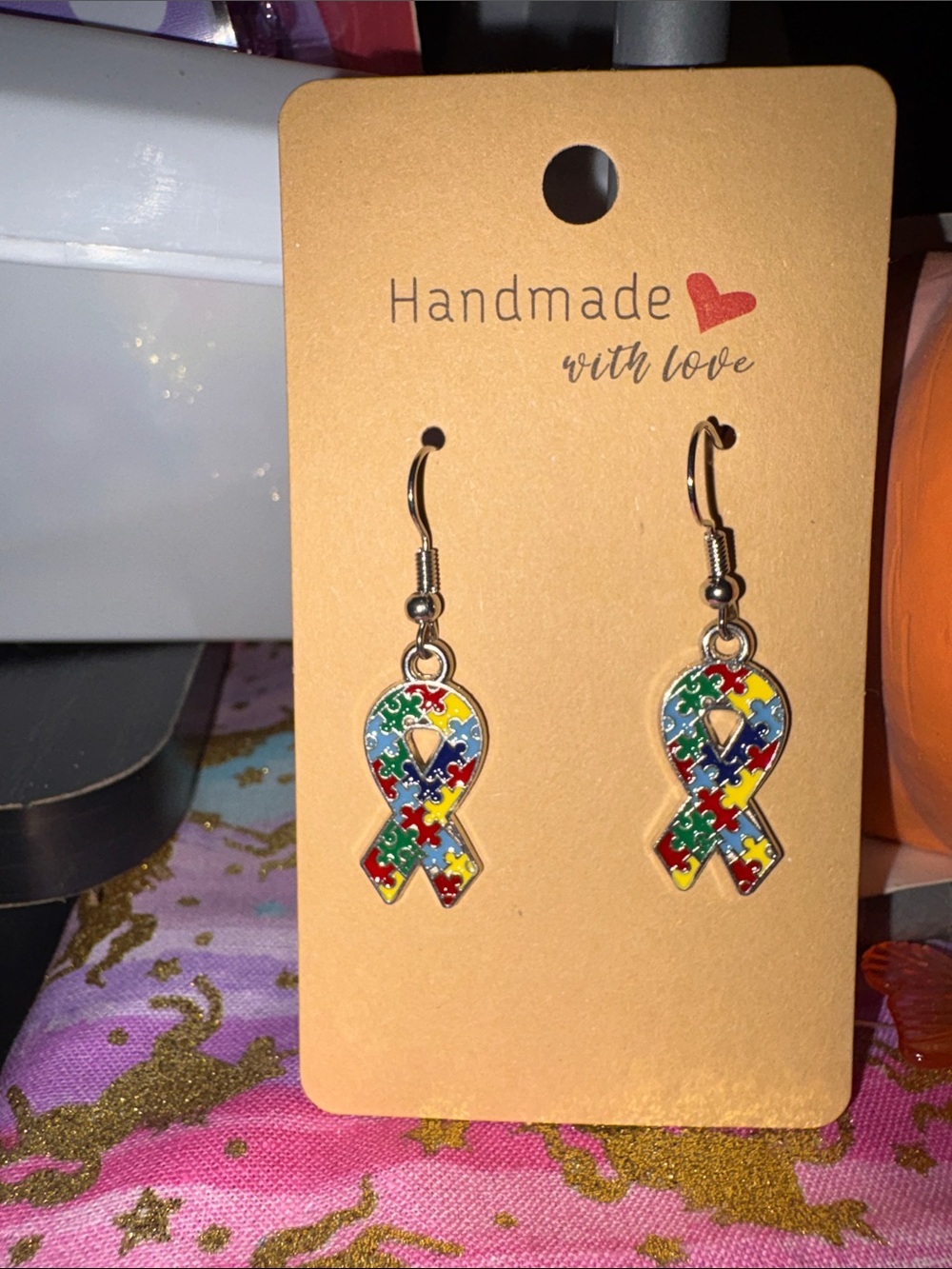 Handmade Autism Puzzle Ribbon Drop Earrings - Multicolor
